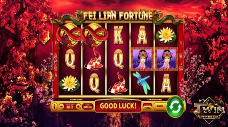 Game slot Fei Lian sẽ bao gồm rồng, thiếu nữ, chuồn chuồn, cá và hoa súng.